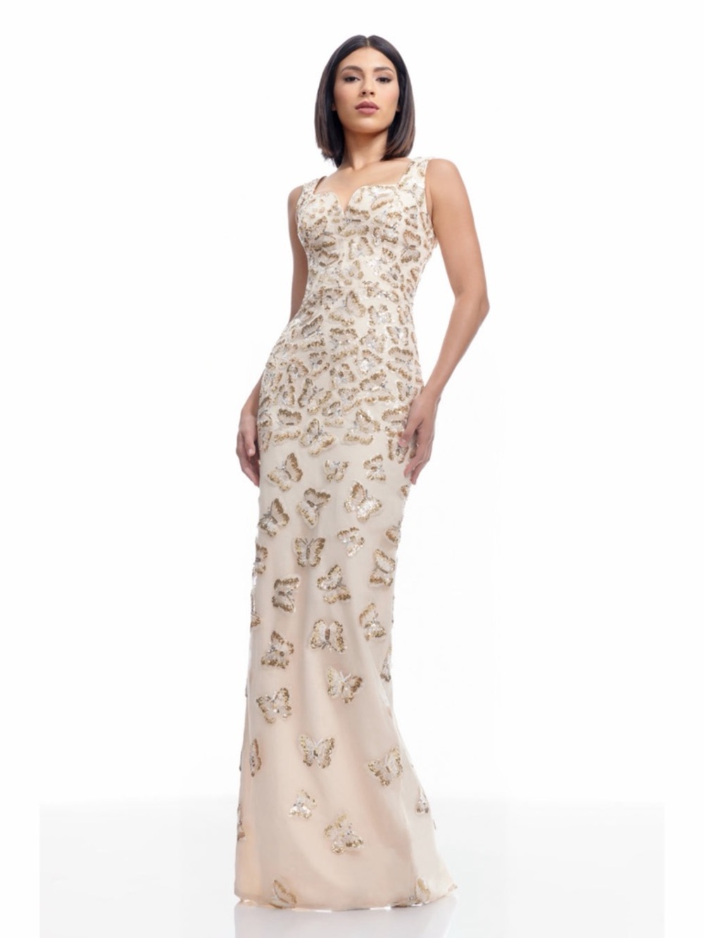 NWT Dress The‎ Population Goldie Sequin Butterfly Champagne Multi Column Gown
